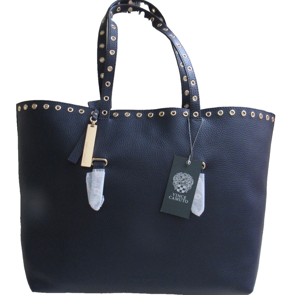 VINCE CAMUTO Areli Gold Tone Stud Trim Leather Winter NavyTote Large Bag $278.00